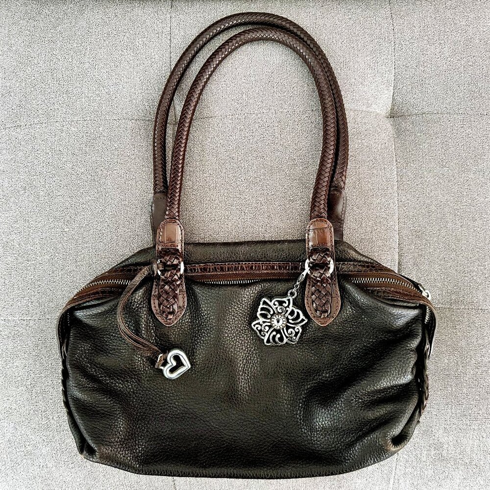 Brighton Genuine Leather Brown Shoulder Bag Purse w/ Iconic Heart And Flower